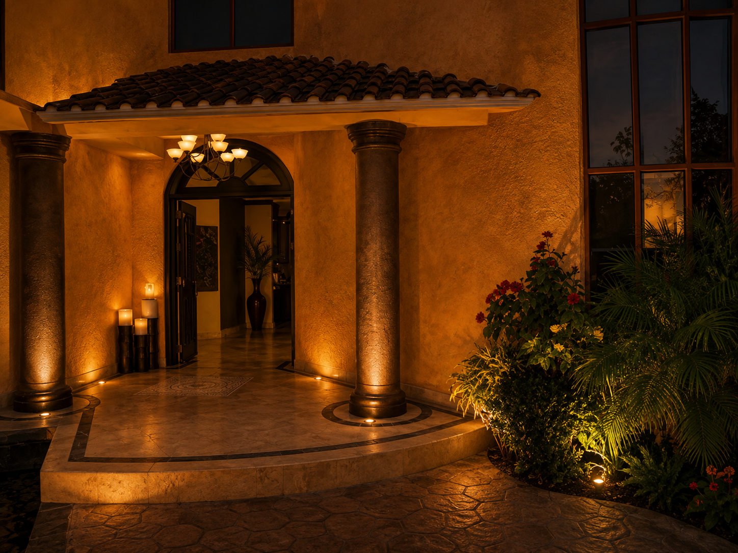 Villa entrance with stone columns, a tiled canopy, an arched doorway and warm exterior lighting.